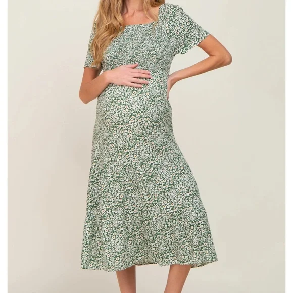 green emerald velvet dress Angel Maternity Renee Maternity Dress in Green Flora main image 0